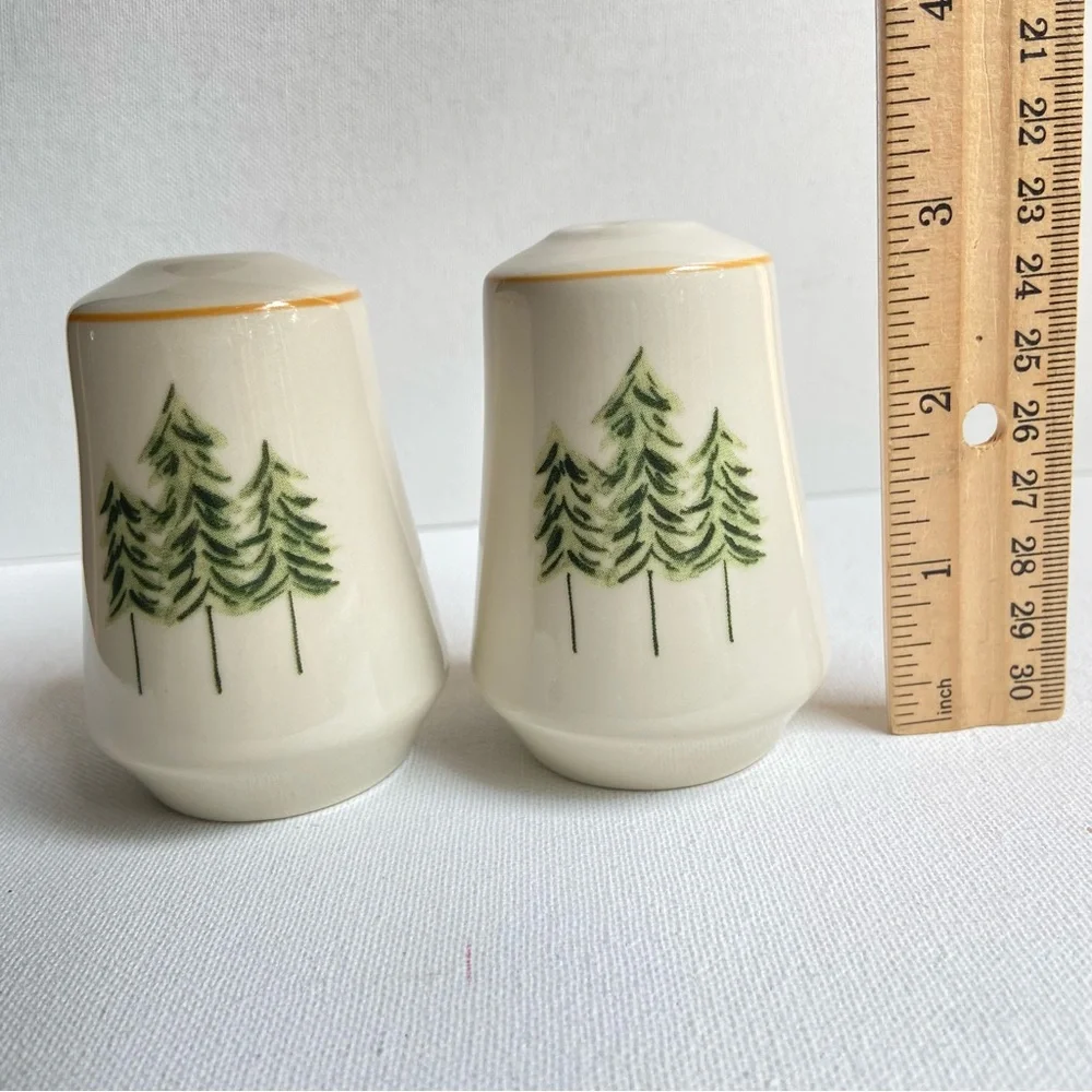 Pine Trees ceramic salt and pepper shakers in cream with shades of green